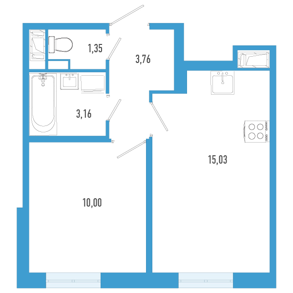 2-комнатная (Евро) квартира, 33.3 м² в ЖК "AEROCITY" - планировка, фото №1