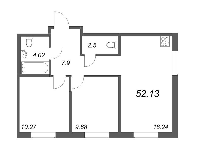 3-комнатная (Евро) квартира, 52.13 м² в ЖК "Новые горизонты" - планировка, фото №1