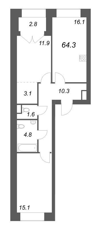 3-комнатная (Евро) квартира, 64.3 м² - планировка, фото №1