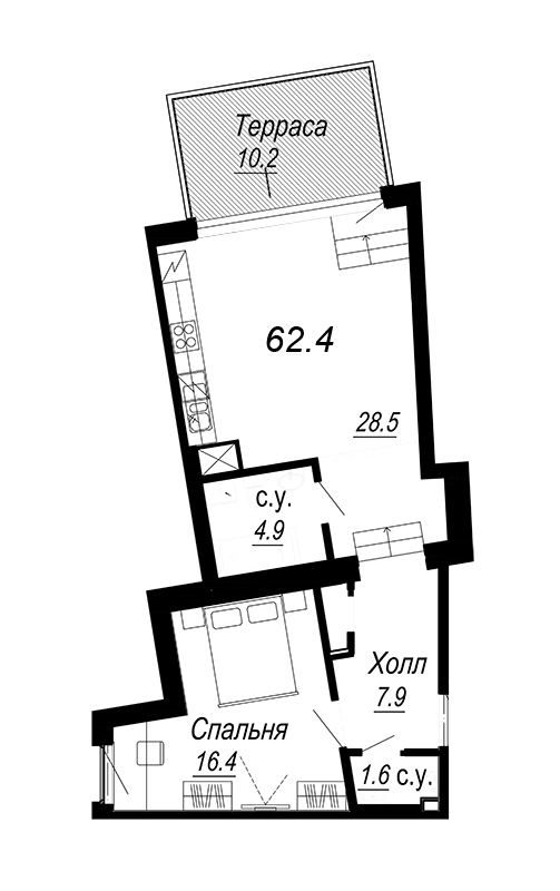 2-комнатная (Евро) квартира, 63.5 м² - планировка, фото №1