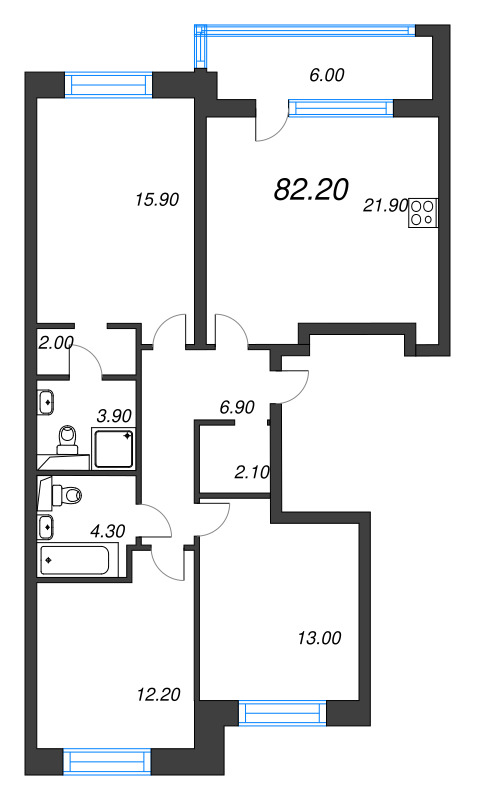 4-комнатная (Евро) квартира, 82.2 м² в ЖК "М36" - планировка, фото №1