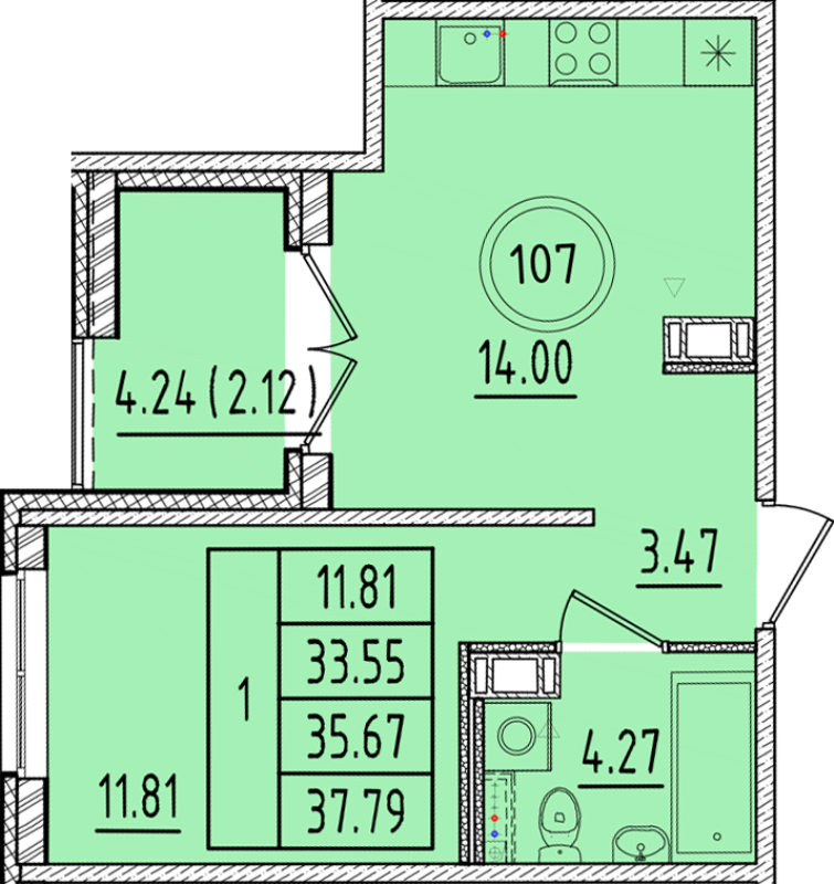 1-комнатная квартира, 33.55 м² в ЖК "Образцовый квартал 17" - планировка, фото №1