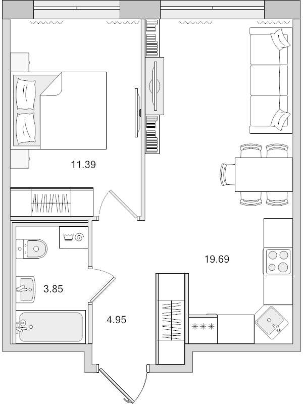 2-комнатная (Евро) квартира, 39.88 м² в ЖК "Parkolovo" - планировка, фото №1