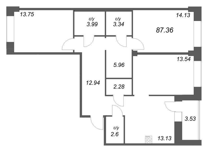 3-комнатная квартира, 87.36 м² в ЖК "Уютный" - планировка, фото №1