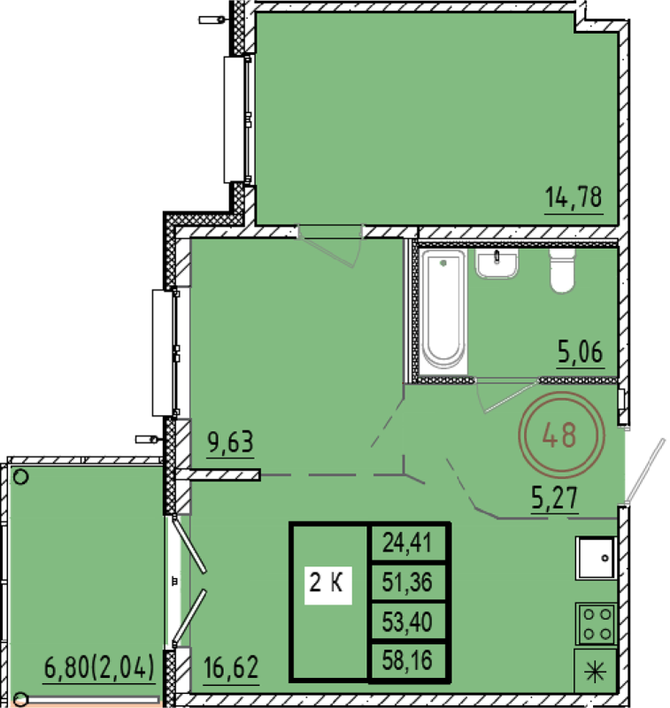 3-комнатная (Евро) квартира, 51.36 м² в ЖК "Образцовый квартал 9.1" - планировка, фото №1
