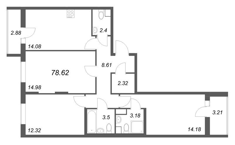 3-комнатная квартира, 78.62 м² в ЖК "Кинопарк" - планировка, фото №1