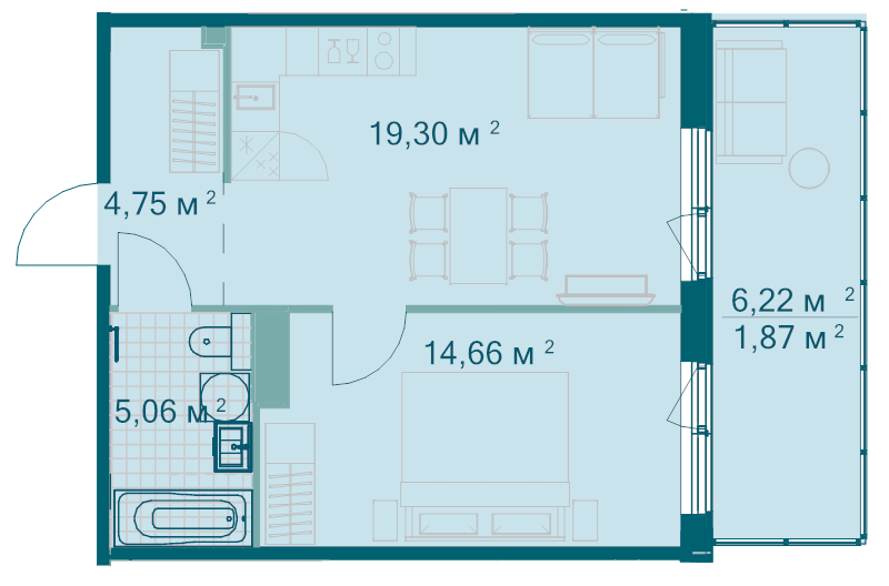 2-комнатная (Евро) квартира, 45.67 м² в ЖК "Grona Lund" - планировка, фото №1