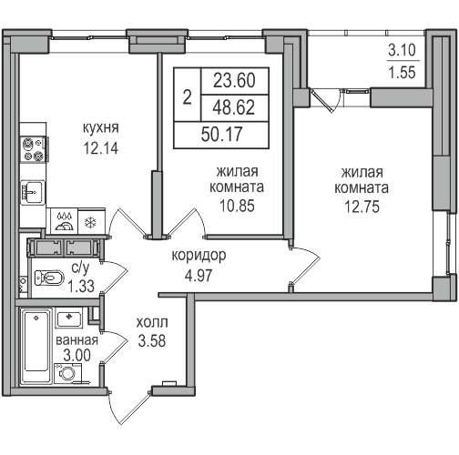 2-комнатная квартира, 49.8 м² в ЖК "Северная Долина" - планировка, фото №1