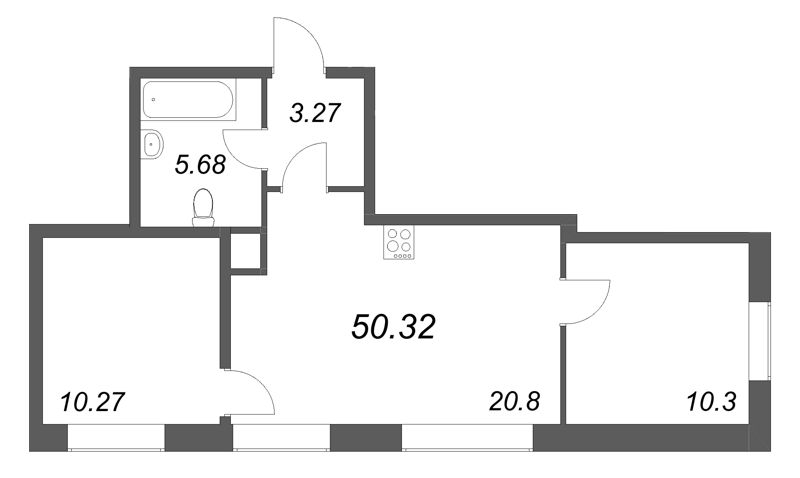 3-комнатная (Евро) квартира, 50.32 м² в ЖК "Соло. Петергоф" - планировка, фото №1