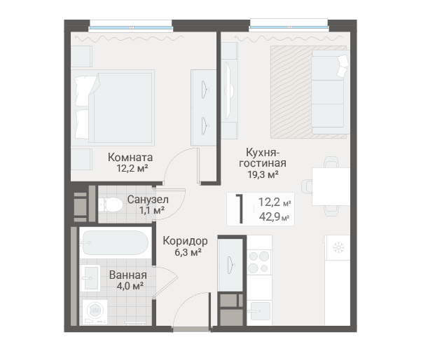 2-комнатная (Евро) квартира, 42.9 м² в ЖК "Руднева 15" - планировка, фото №1