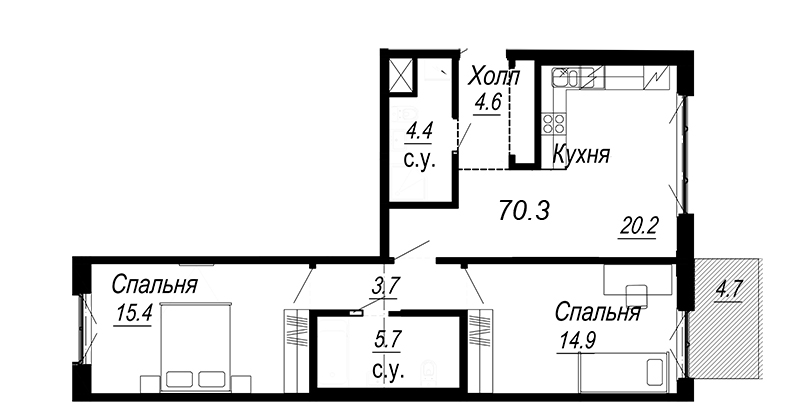 3-комнатная (Евро) квартира, 71.3 м² в ЖК "Meltzer Hall" - планировка, фото №1