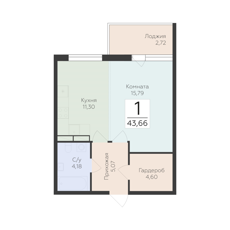 1-комнатная квартира, 43.66 м² в ЖК "Финский квартал" - планировка, фото №1