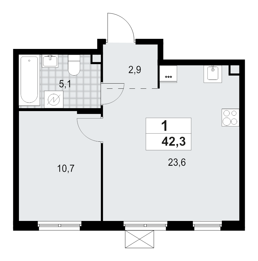 2-комнатная (Евро) квартира, 42.3 м² - планировка, фото №1