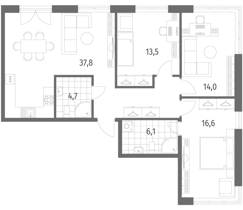 4-комнатная (Евро) квартира, 92.7 м² - планировка, фото №1