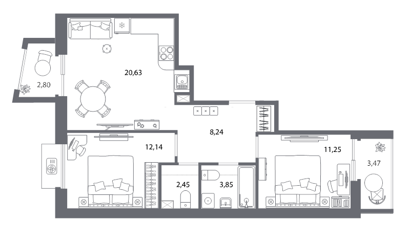 3-комнатная (Евро) квартира, 61.8 м² в ЖК "Респект" - планировка, фото №1