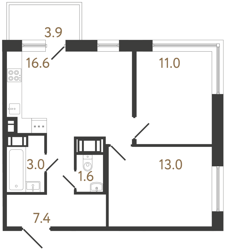 3-комнатная (Евро) квартира, 52.6 м² в ЖК "Передвижники 2" - планировка, фото №1
