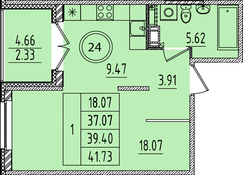1-комнатная квартира, 37.07 м² в ЖК "Образцовый квартал 14" - планировка, фото №1