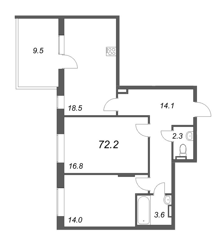 3-комнатная (Евро) квартира, 72.2 м² - планировка, фото №1