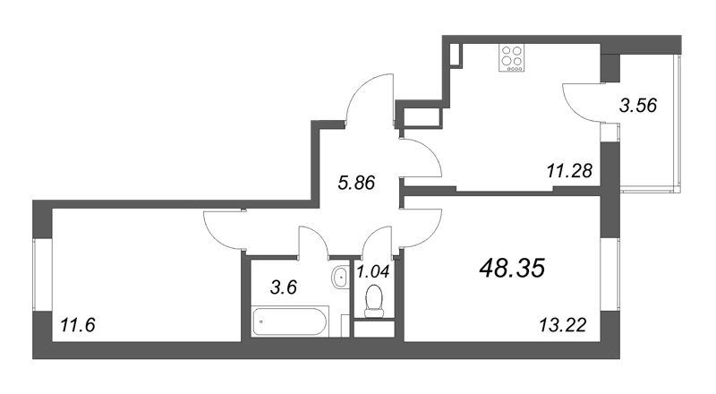 2-комнатная квартира, 48.35 м² - планировка, фото №1
