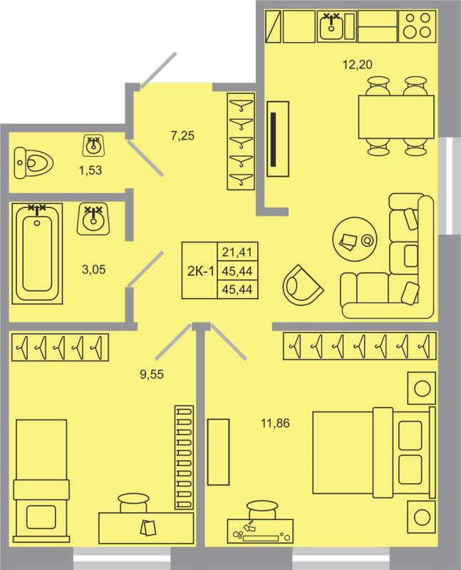 2-комнатная квартира, 45.44 м² - планировка, фото №1