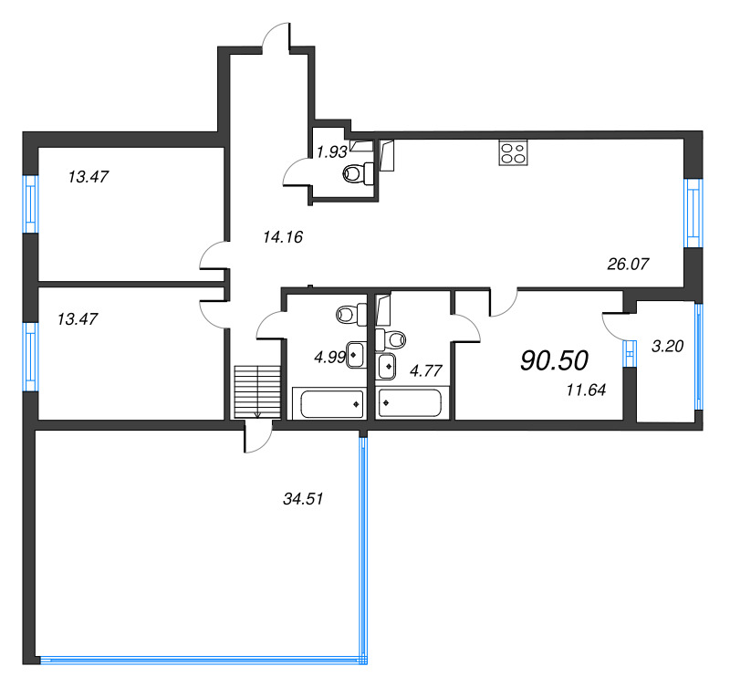 4-комнатная (Евро) квартира, 128.21 м² в ЖК "Чёрная речка" - планировка, фото №1