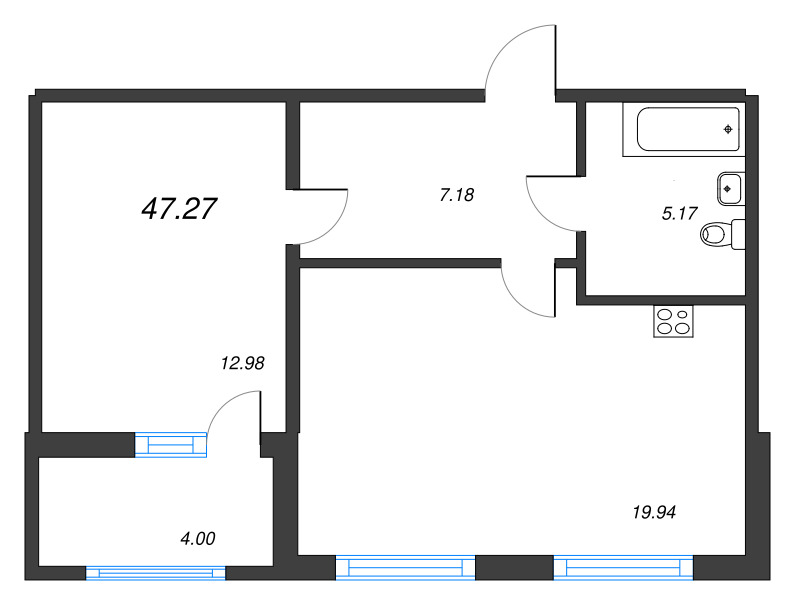 2-комнатная (Евро) квартира, 47.27 м² - планировка, фото №1