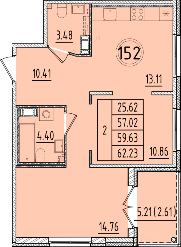 2-комнатная квартира, 57.02 м² - планировка, фото №1