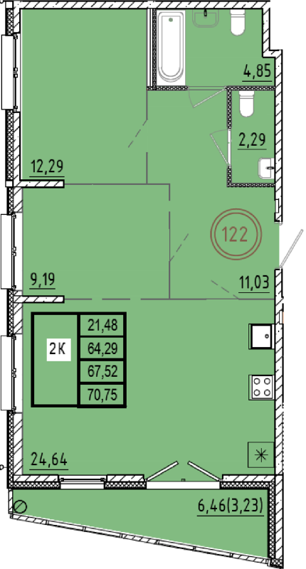3-комнатная (Евро) квартира, 64.29 м² в ЖК "Образцовый квартал 9.1" - планировка, фото №1