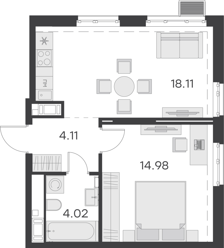 2-комнатная (Евро) квартира, 41.22 м² в ЖК "GloraX Балтийская" - планировка, фото №1