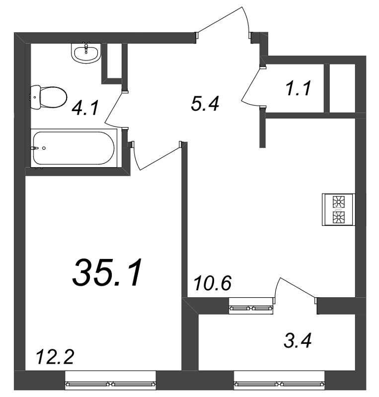 1-комнатная квартира, 35.1 м² - планировка, фото №1