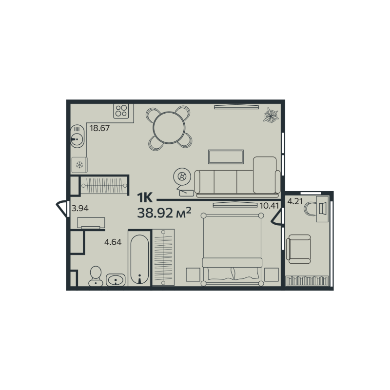 2-комнатная (Евро) квартира, 38.92 м² в ЖК "Эдельвейс.Выборг" - планировка, фото №1