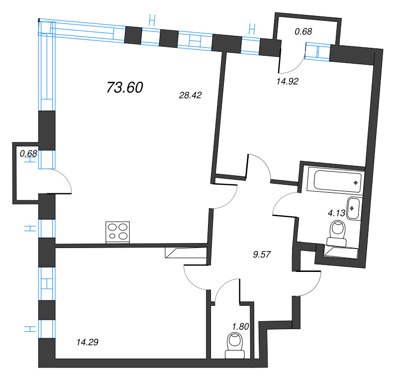 3-комнатная (Евро) квартира, 73.6 м² - планировка, фото №1