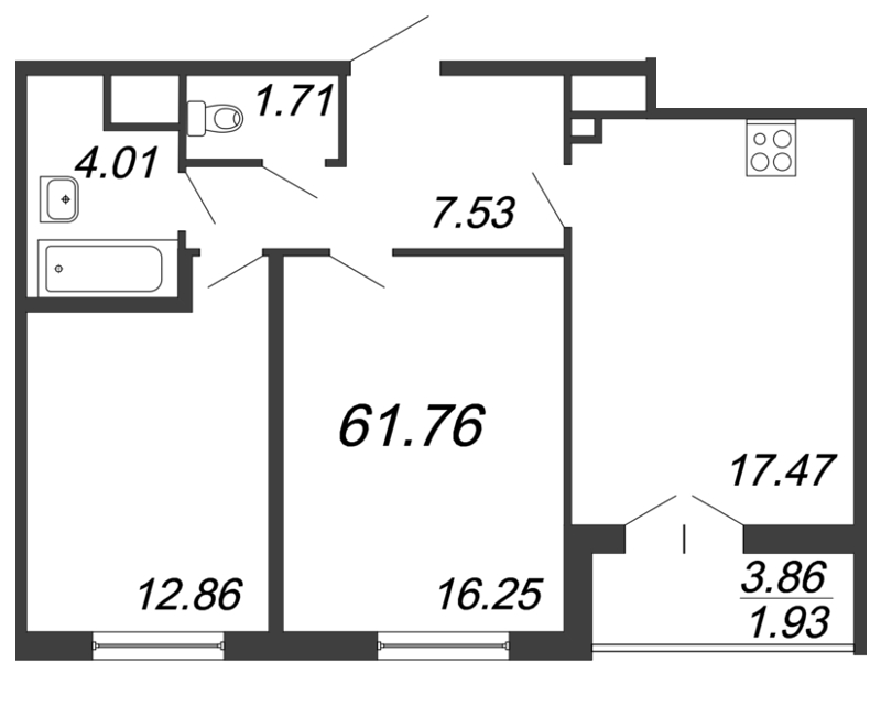 3-комнатная (Евро) квартира, 61.76 м² в ЖК "Дефанс Бизнес" - планировка, фото №1