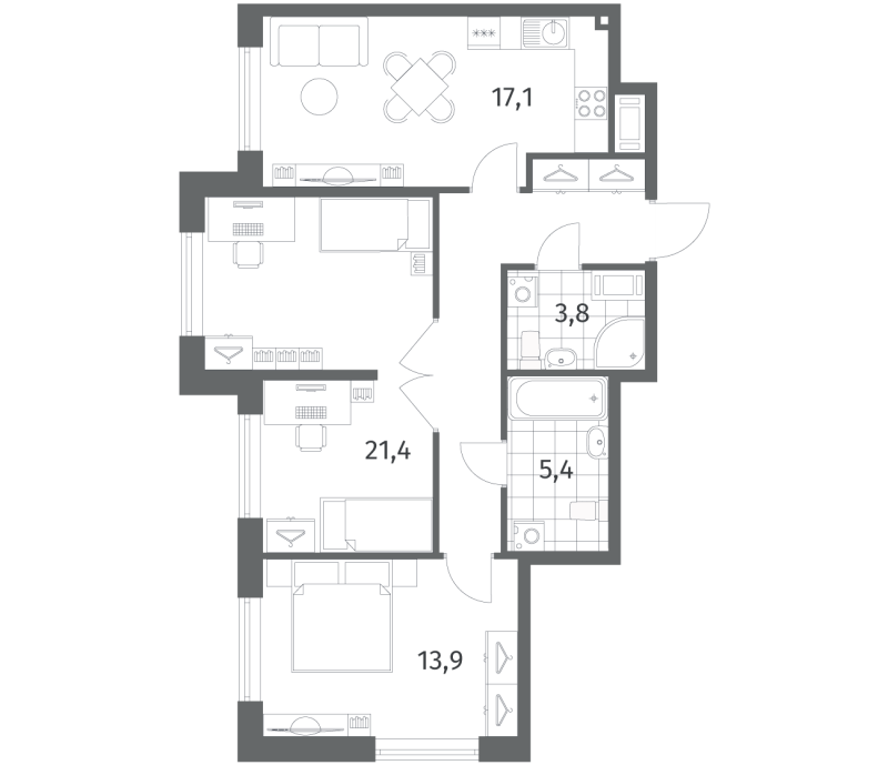4-комнатная (Евро) квартира, 73 м² в ЖК "Парусная 1" - планировка, фото №1