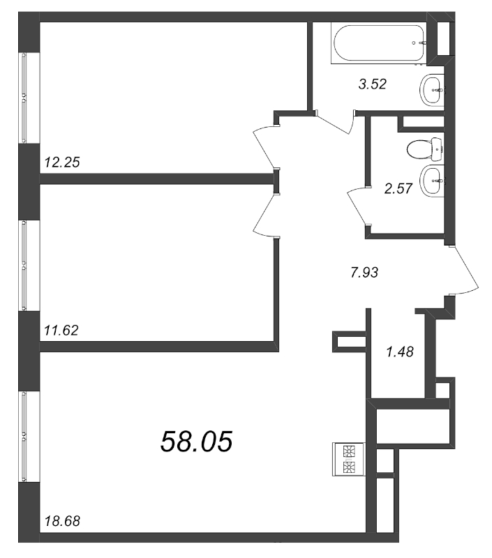 3-комнатная (Евро) квартира, 57.69 м² - планировка, фото №1