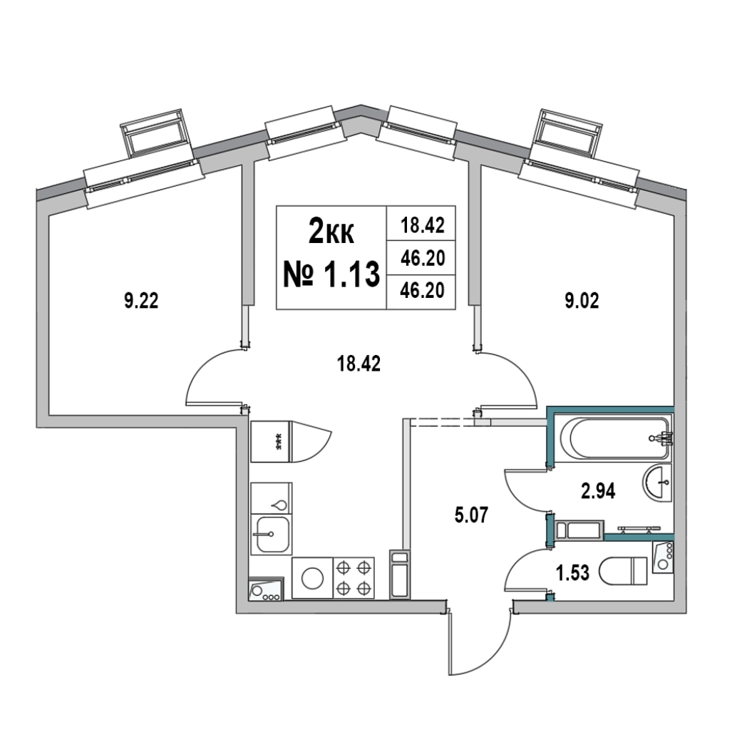 3-комнатная (Евро) квартира, 46.2 м² в ЖК "Новый Город" - планировка, фото №1