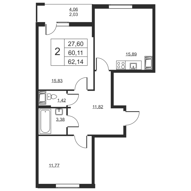 3-комнатная (Евро) квартира, 62.14 м² в ЖК "Высота" - планировка, фото №1