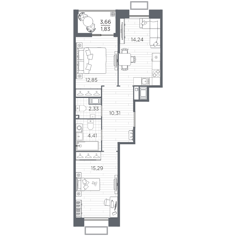 2-комнатная квартира, 61.26 м² в ЖК "Респект" - планировка, фото №1