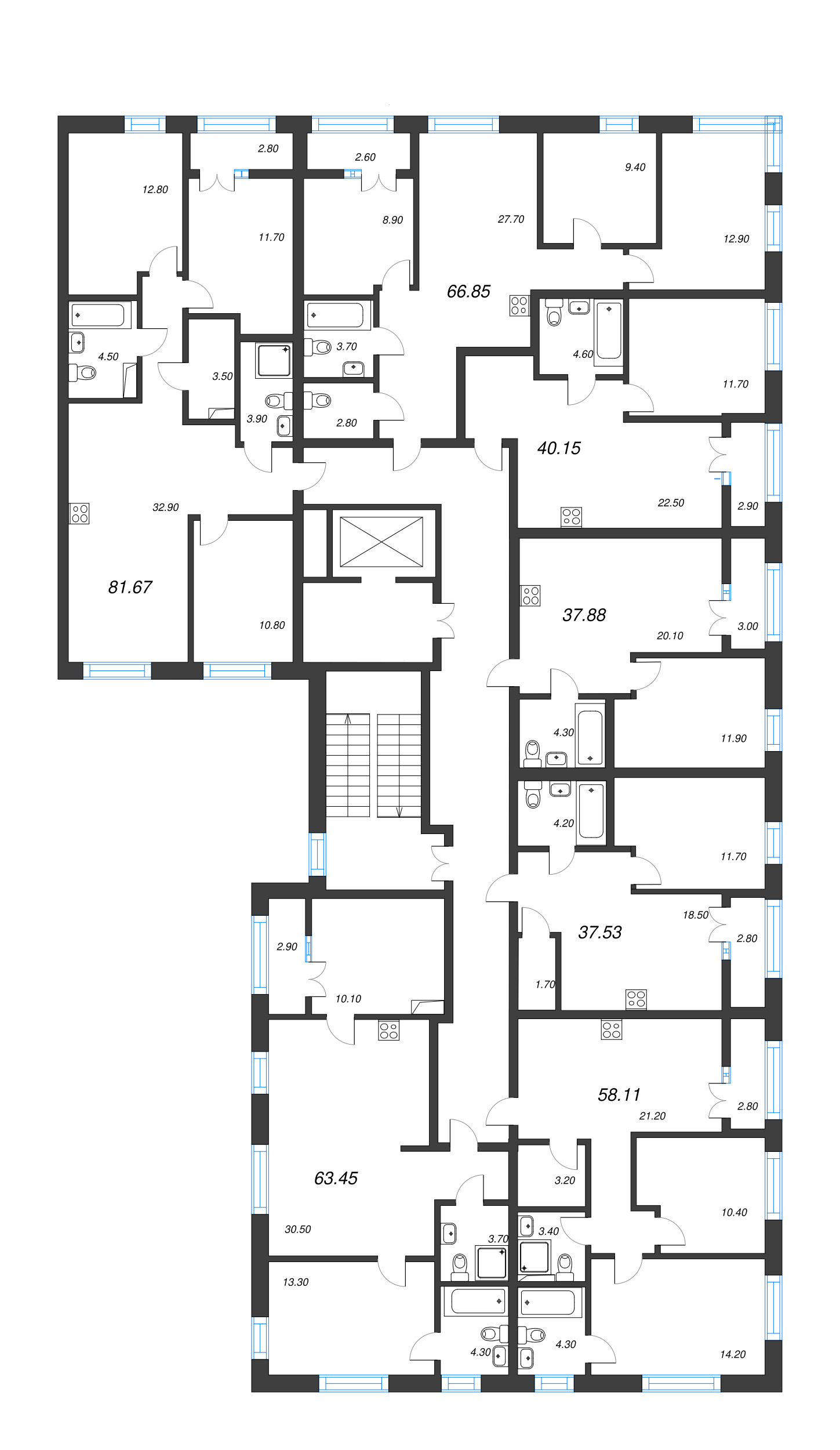 4-комнатная (Евро) квартира, 81.67 м² в ЖК "Новый Питер" - планировка этажа