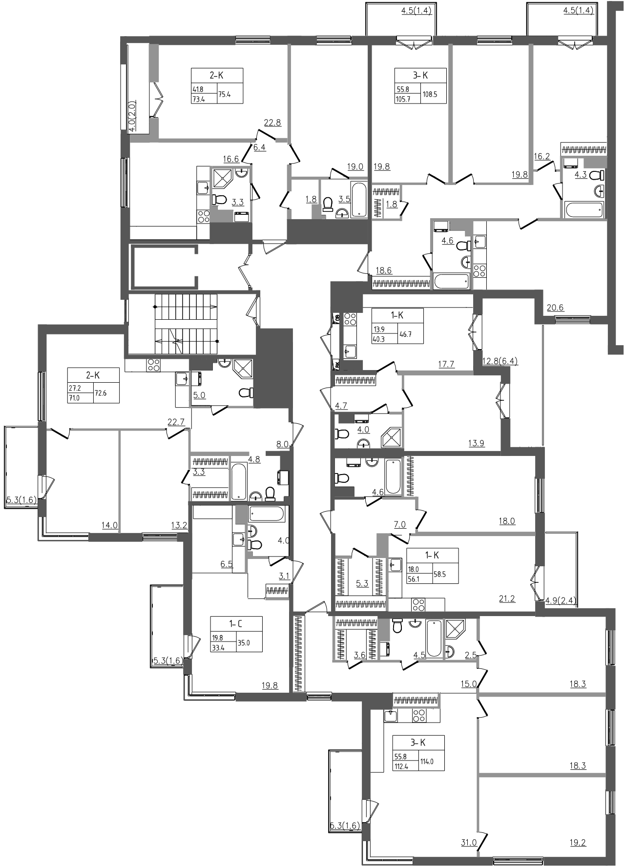 4-комнатная (Евро) квартира, 108.5 м² - планировка этажа