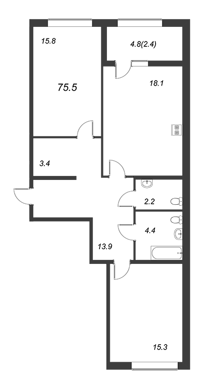 2-комнатная квартира, 75.6 м² - планировка, фото №1