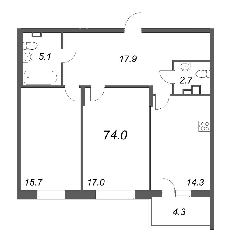 2-комнатная квартира, 74 м² - планировка, фото №1