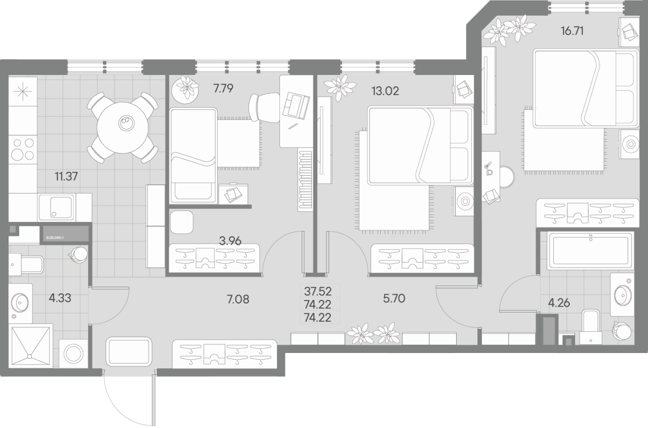 3-комнатная квартира, 74.22 м² в ЖК "Amo" - планировка, фото №1