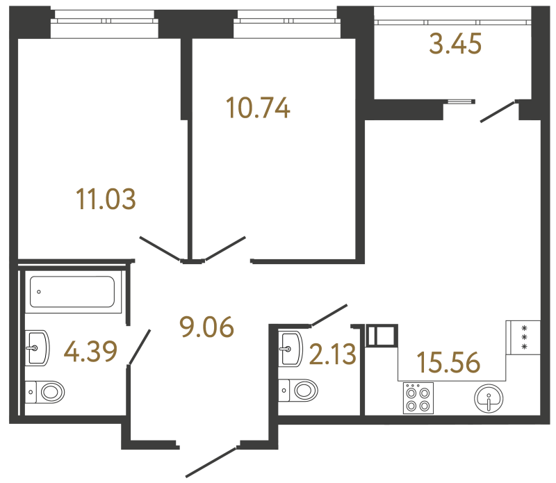 3-комнатная (Евро) квартира, 52.69 м² в ЖК "Ultra City 3.0" - планировка, фото №1