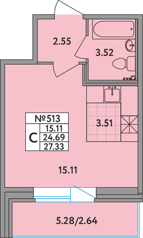 Квартира-студия, 27.5 м² в ЖК "Удача (Вита)" - планировка, фото №1