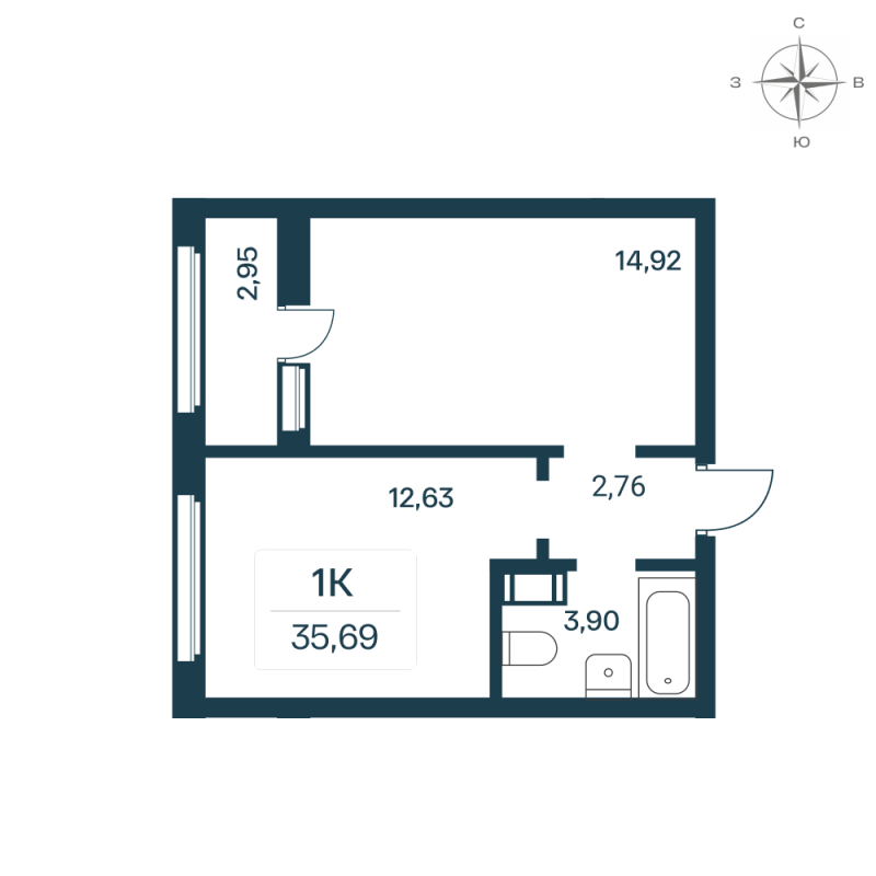 1-комнатная квартира, 35.2 м² - планировка, фото №1