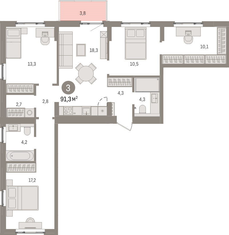 4-комнатная (Евро) квартира, 91.3 м² в ЖК "Брусника в Новоселье" - планировка, фото №1