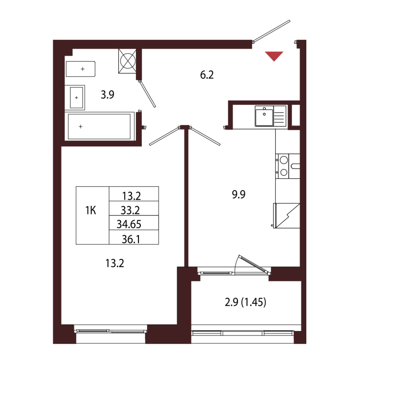 1-комнатная квартира, 34.65 м² в ЖК "Лисино" - планировка, фото №1
