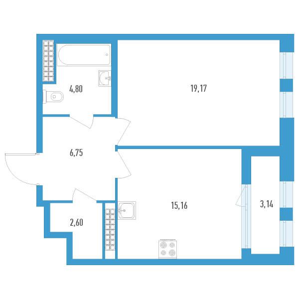 1-комнатная квартира, 50.05 м² - планировка, фото №1