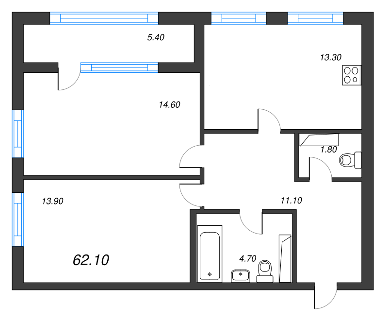 2-комнатная квартира, 62.1 м² - планировка, фото №1